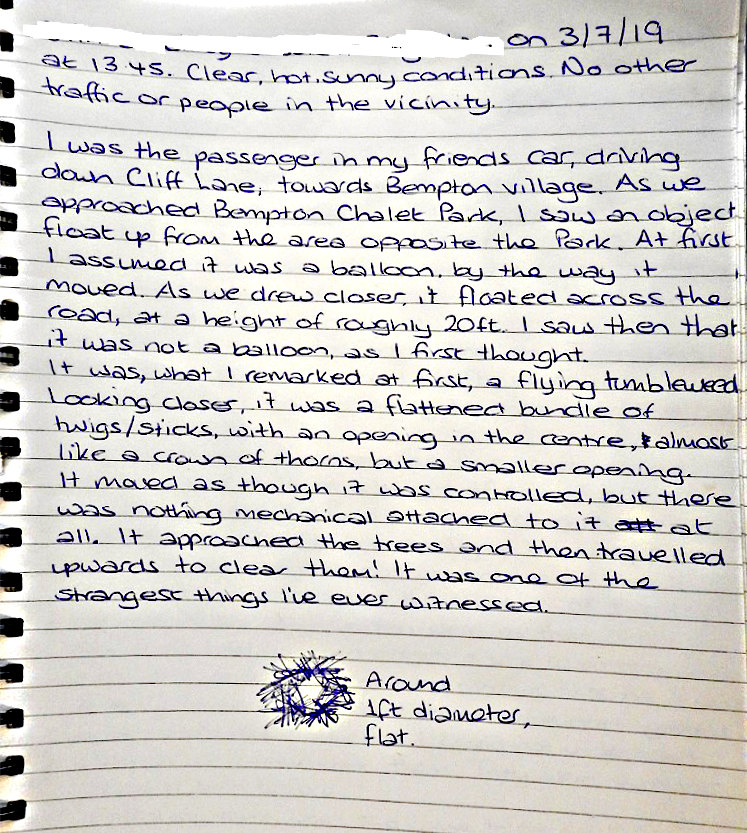 handwritten report of the sighting